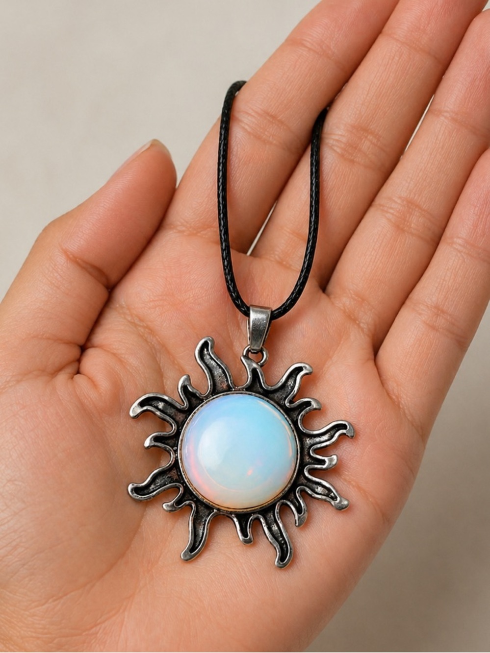Celestial Opal Sun Pendant Necklace Cord Chain - Picture 3 of 4